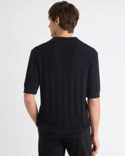 Black Short-Sleeve Johnny Sweater with Vertical Stitches