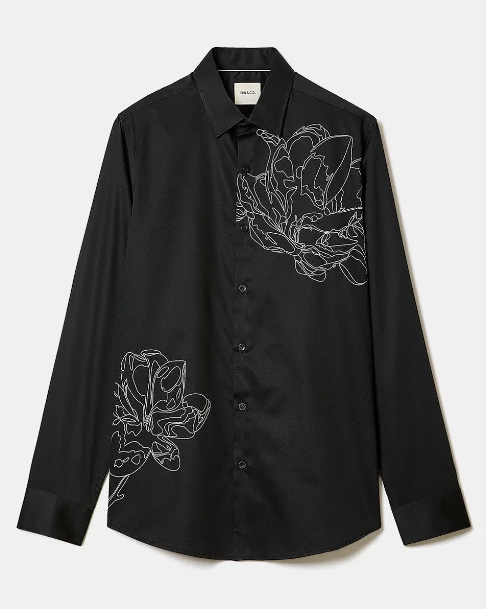 Black Slim-Fit Dress Shirt with White Floral Pattern