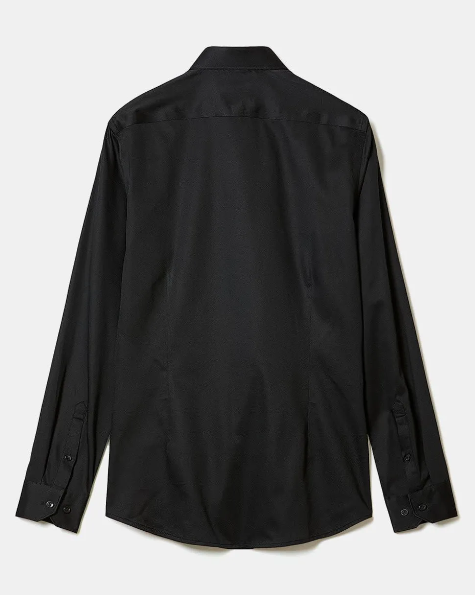 Black Slim-Fit Dress Shirt with White Floral Pattern