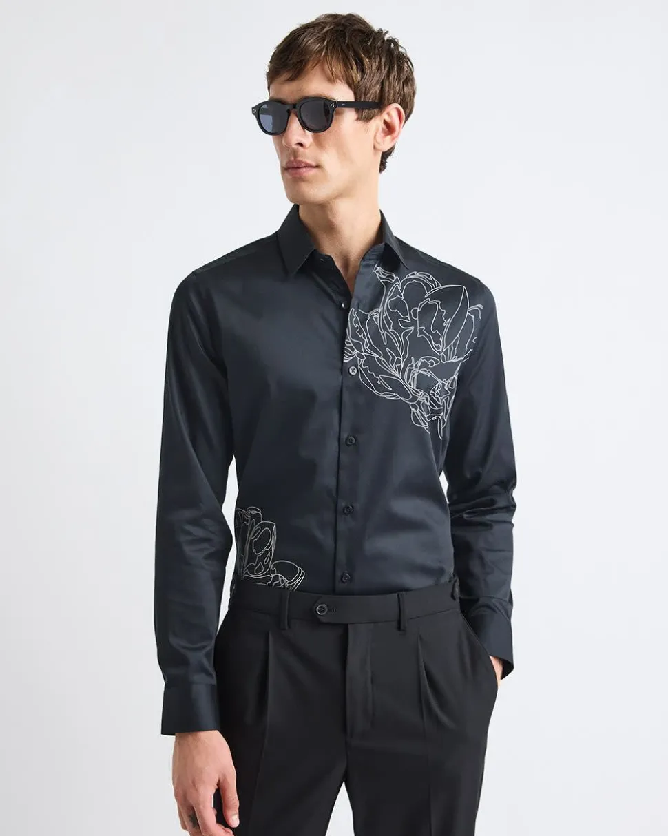 Black Slim-Fit Dress Shirt with White Floral Pattern