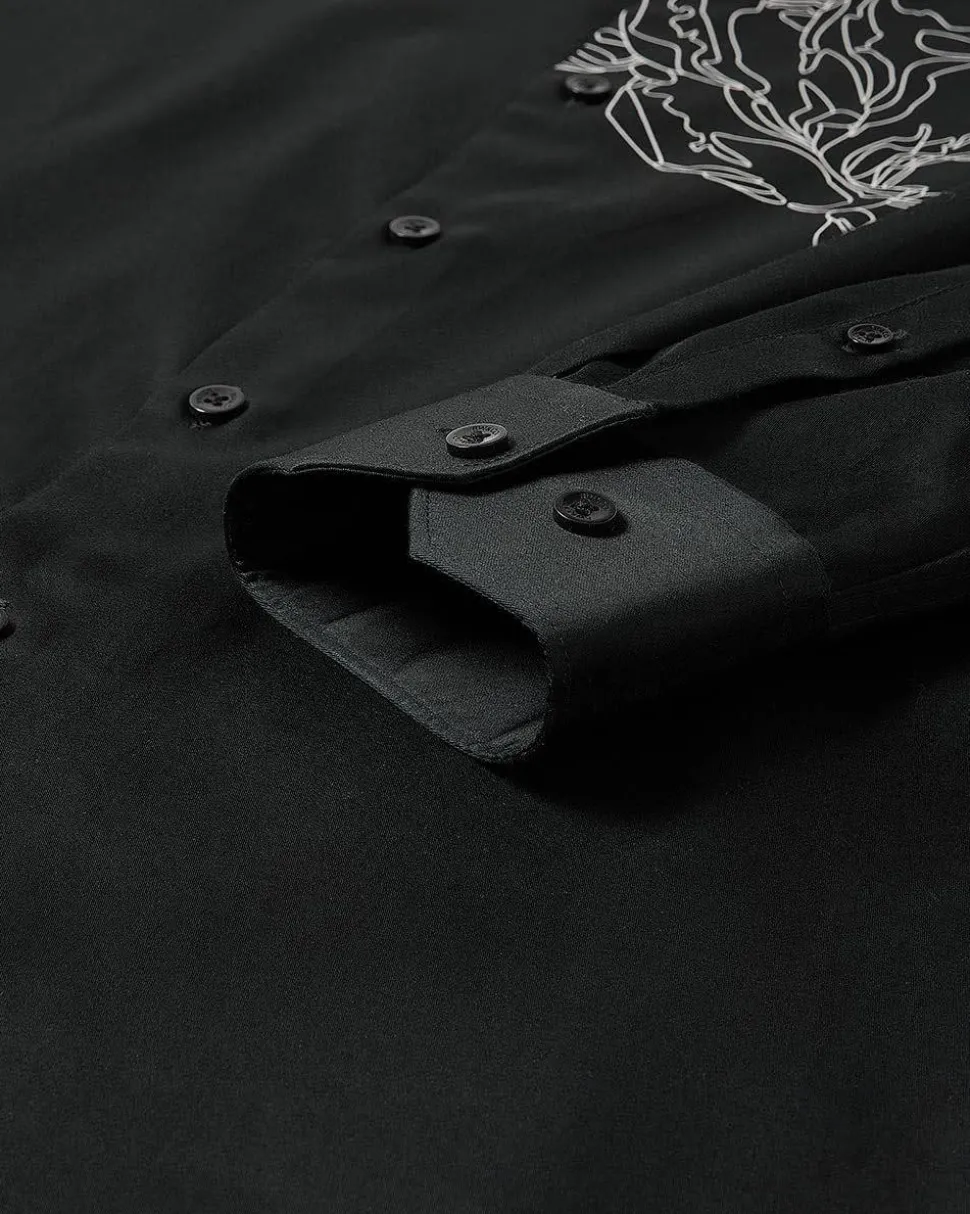 Black Slim-Fit Dress Shirt with White Floral Pattern