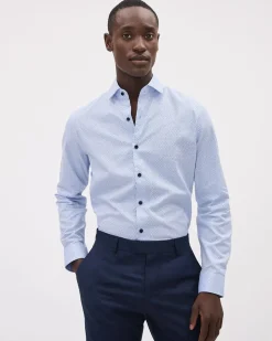 Blue Tailored-Fit Dress Shirt with Micro Geo Print