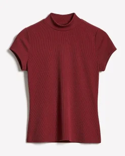 Cap-Sleeve Mock-Neck Ribbed Top