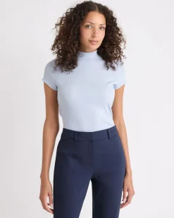 Cap-Sleeve Mock-Neck Ribbed Top