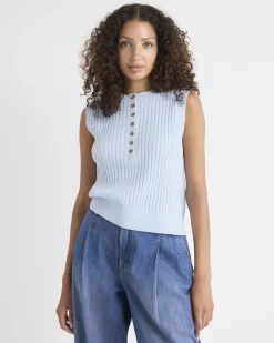 Cotton-Merino-Blend Short Sweater Vest with Henley Neckline