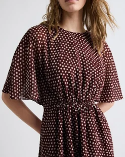 Crew-Neck Chiffon Midi Dress with Short Flutter Sleeves