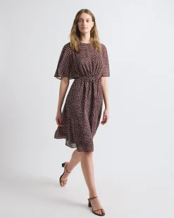 Crew-Neck Chiffon Midi Dress with Short Flutter Sleeves
