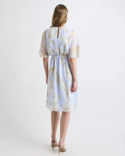 Crew-Neck Chiffon Midi Dress with Short Flutter Sleeves