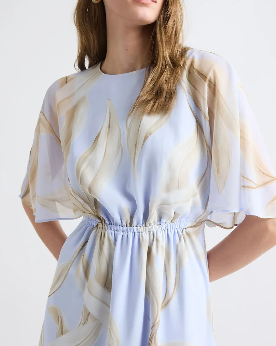Crew-Neck Chiffon Midi Dress with Short Flutter Sleeves