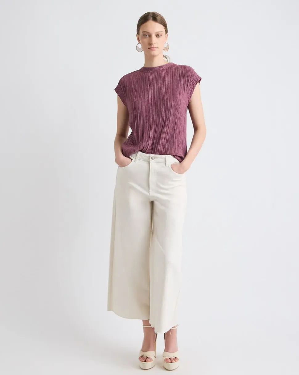 Crew-Neck Crinkled-Knit Top with Cap Sleeves