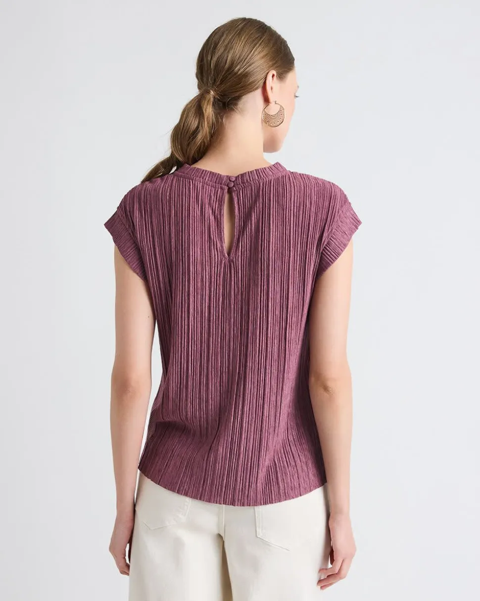 Crew-Neck Crinkled-Knit Top with Cap Sleeves
