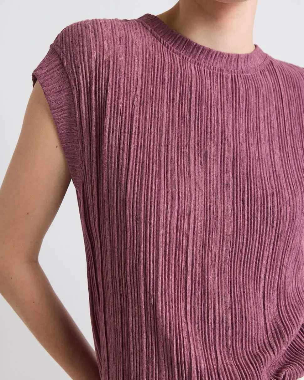 Crew-Neck Crinkled-Knit Top with Cap Sleeves
