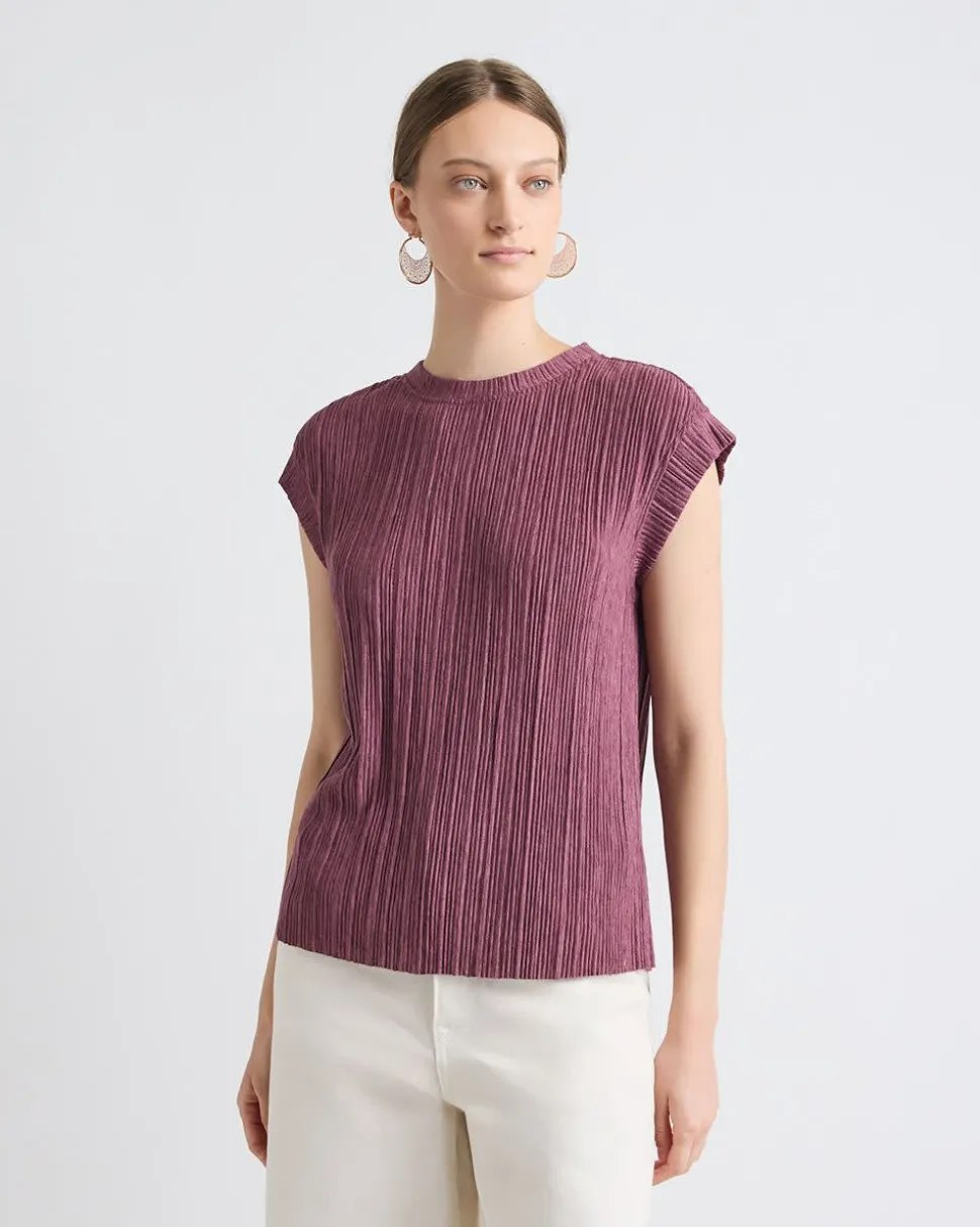 Crew-Neck Crinkled-Knit Top with Cap Sleeves