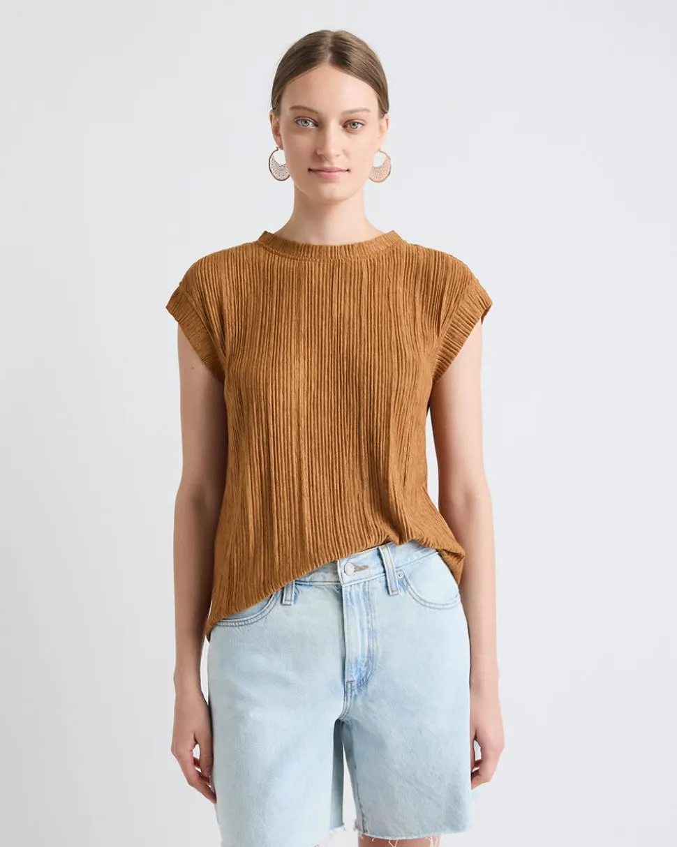 Crew-Neck Crinkled-Knit Top with Cap Sleeves