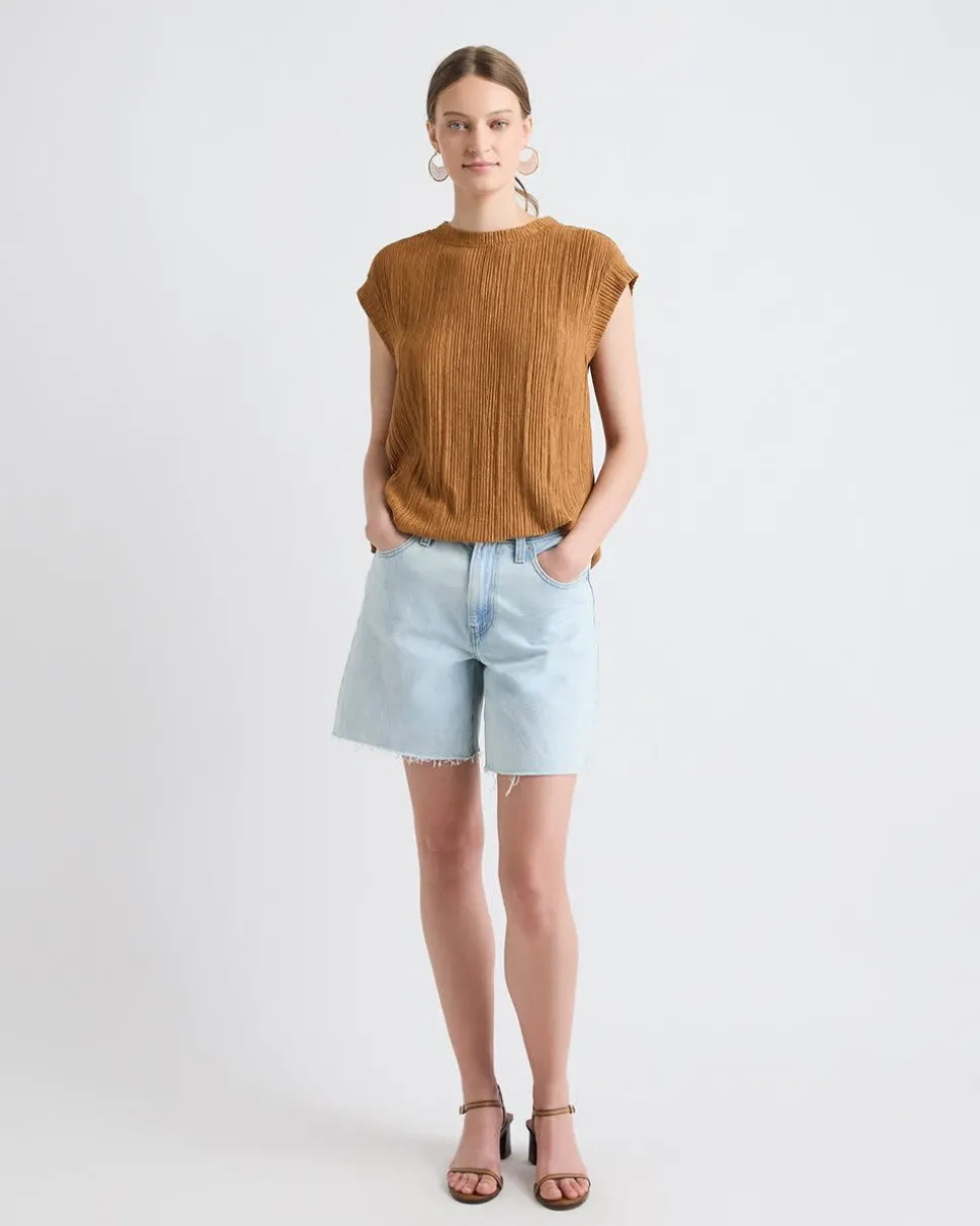 Crew-Neck Crinkled-Knit Top with Cap Sleeves