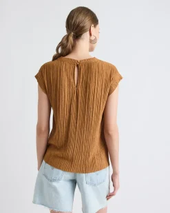 Crew-Neck Crinkled-Knit Top with Cap Sleeves