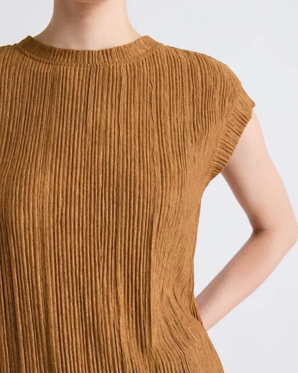 Crew-Neck Crinkled-Knit Top with Cap Sleeves