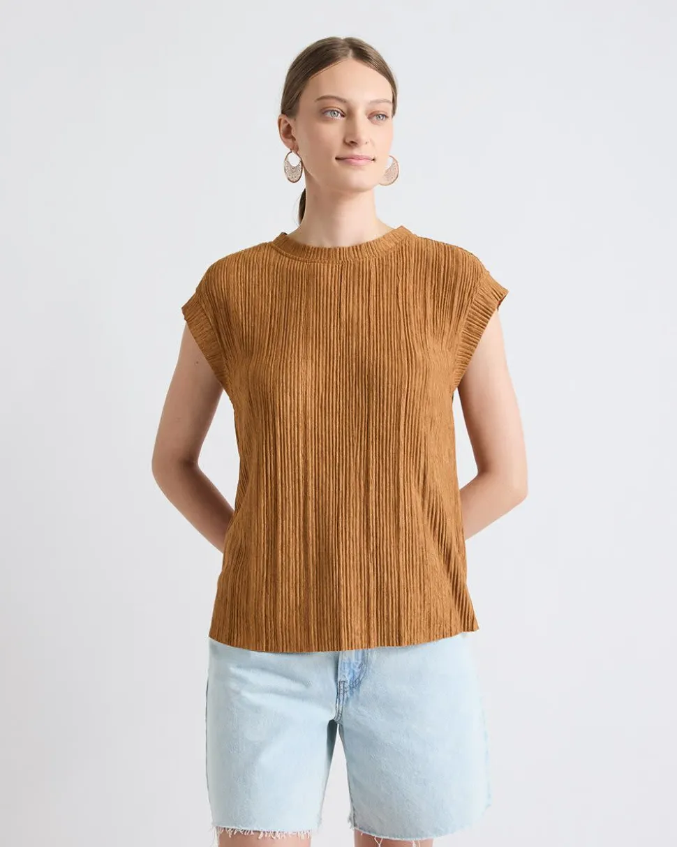 Crew-Neck Crinkled-Knit Top with Cap Sleeves