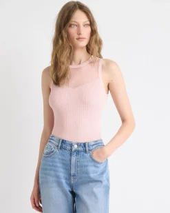 Crew-Neck Ribbed Cami with Sheer Yoke