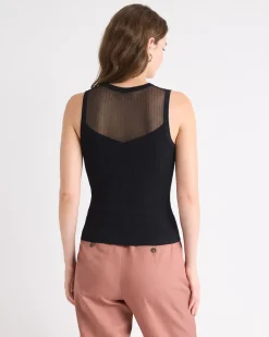 Crew-Neck Ribbed Cami with Sheer Yoke