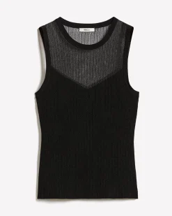 Crew-Neck Ribbed Cami with Sheer Yoke