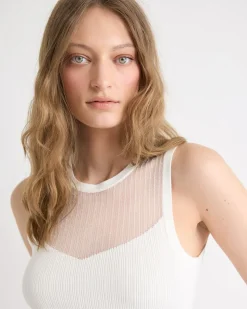 Crew-Neck Ribbed Cami with Sheer Yoke