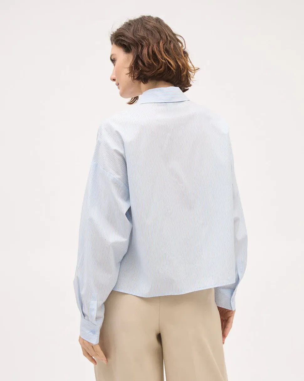 Cropped Long-Sleeve Buttoned-Down Striped Poplin Blouse