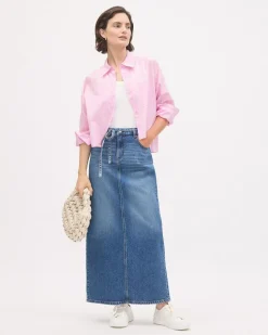 Cropped Long-Sleeve Buttoned-Down Striped Poplin Blouse