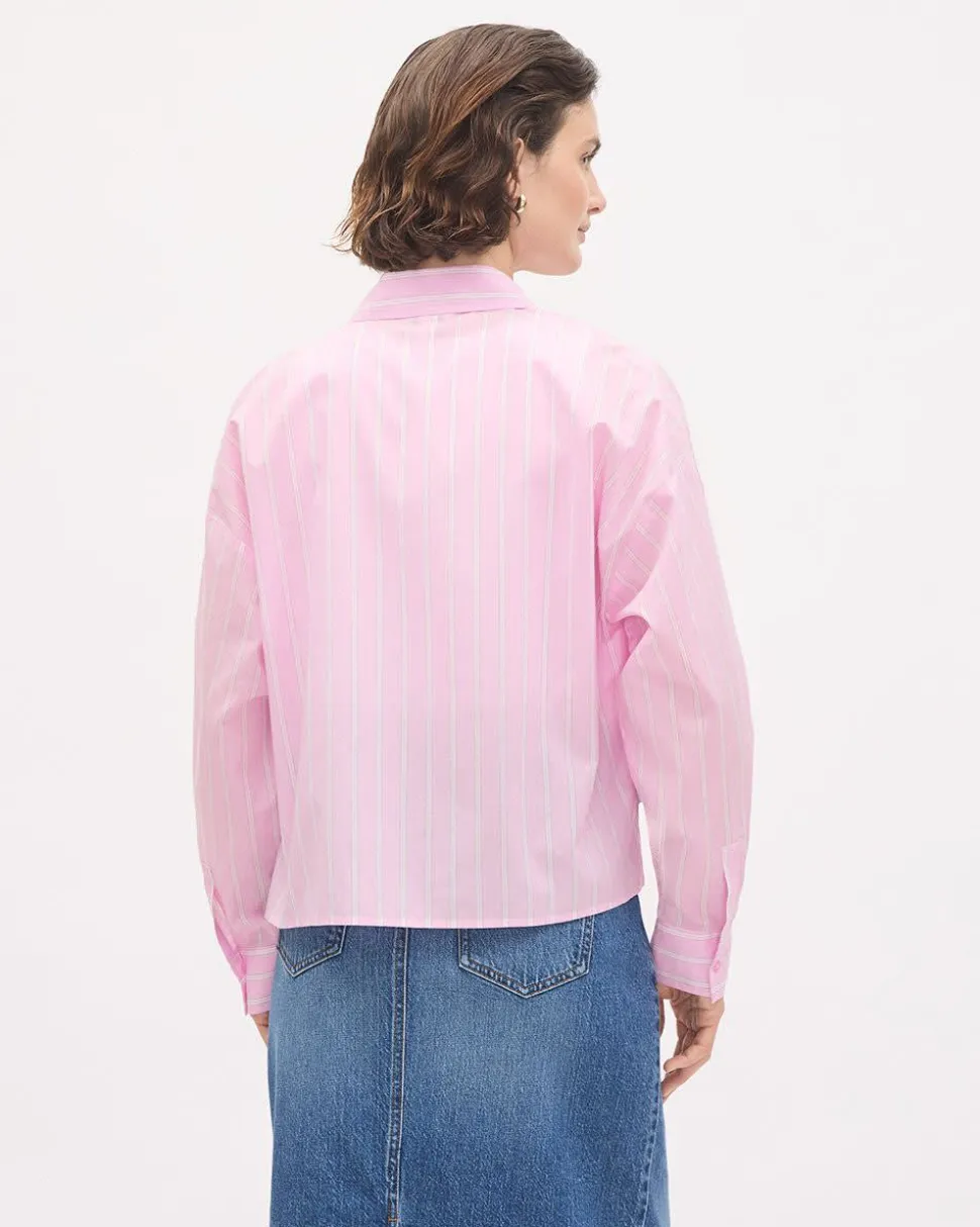 Cropped Long-Sleeve Buttoned-Down Striped Poplin Blouse