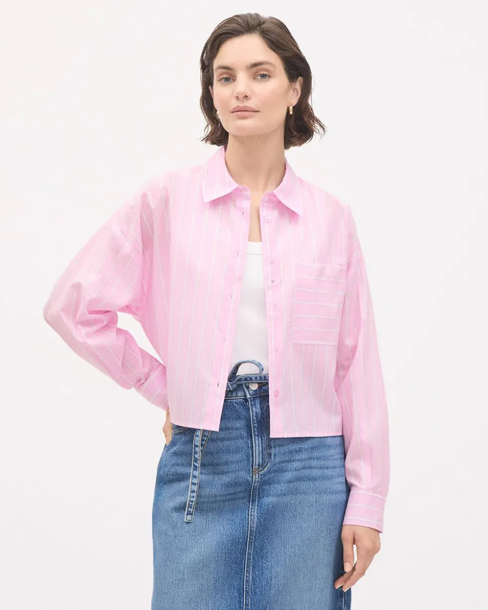 Cropped Long-Sleeve Buttoned-Down Striped Poplin Blouse