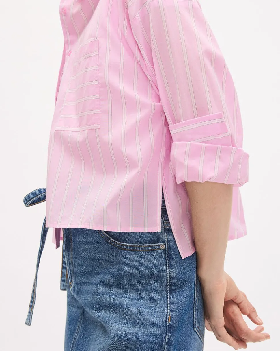 Cropped Long-Sleeve Buttoned-Down Striped Poplin Blouse