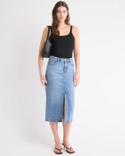 Denim High-Rise Straight Midi Skirt