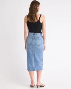 Denim High-Rise Straight Midi Skirt