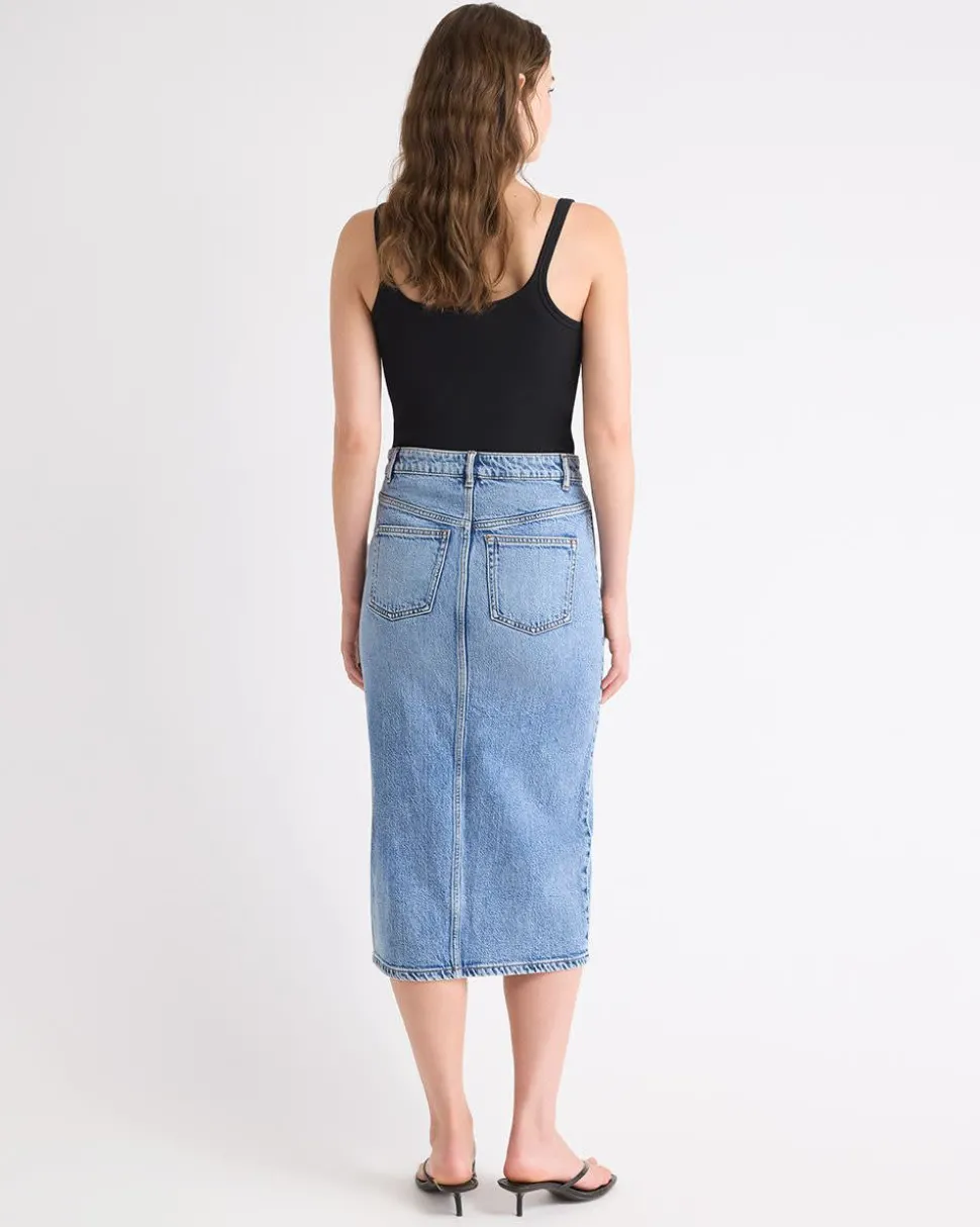 Denim High-Rise Straight Midi Skirt