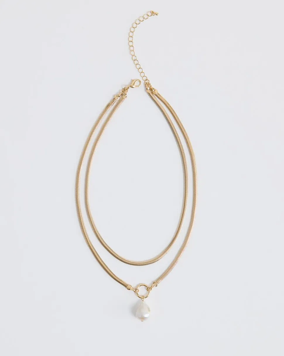 Double Snake Chain Short Necklace with Pearl Pendant