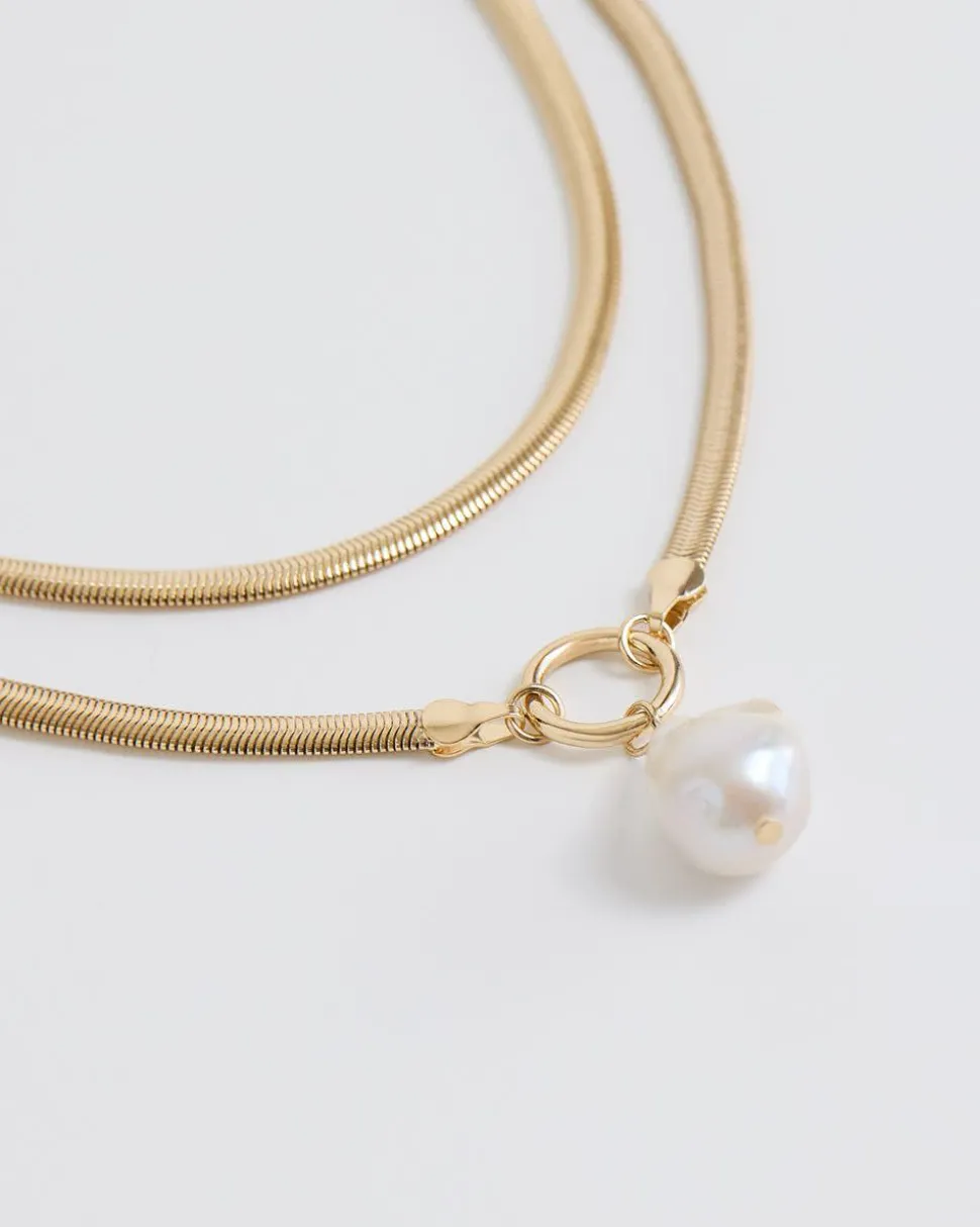 Double Snake Chain Short Necklace with Pearl Pendant