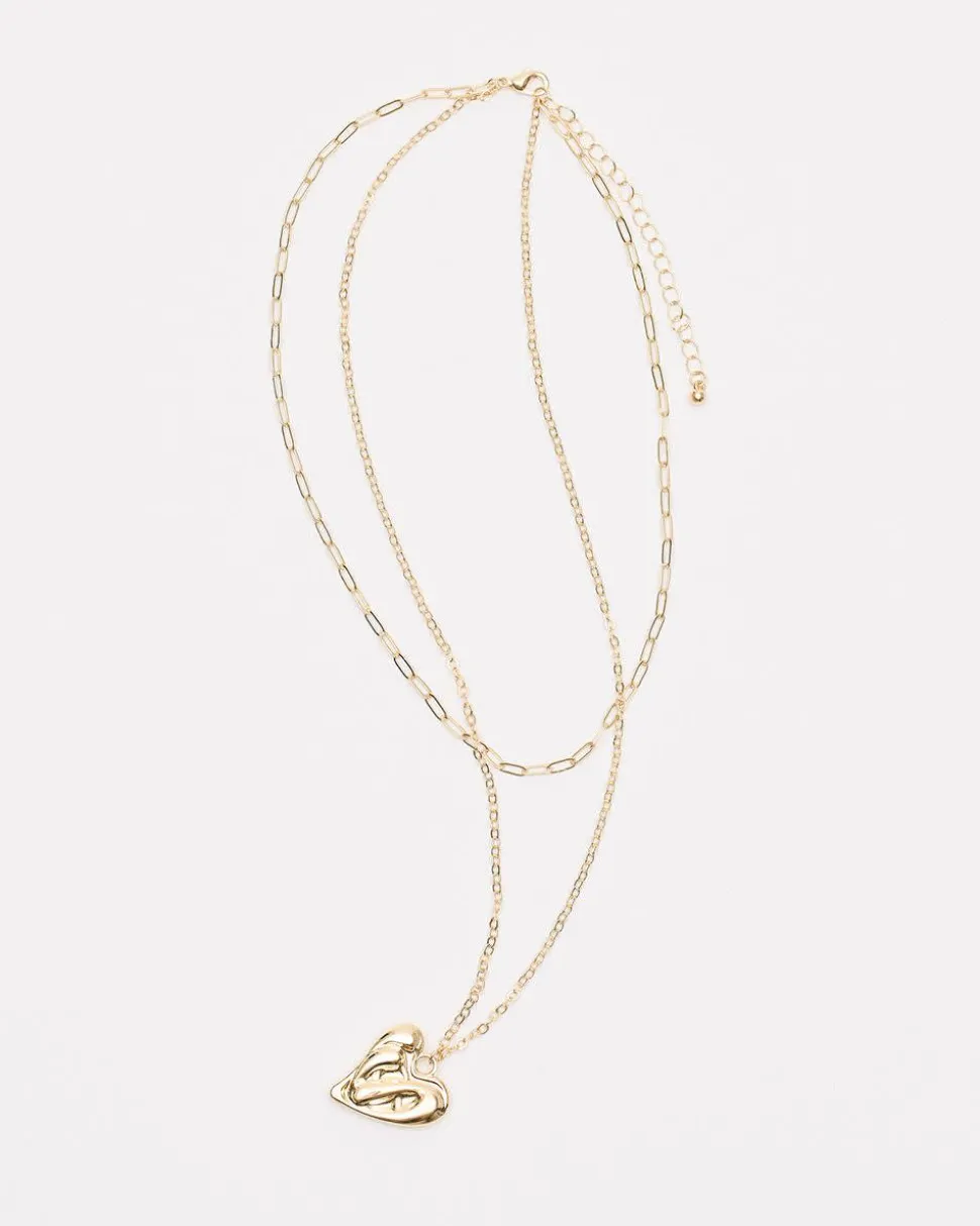 Double-Chain Necklace with Hammered Heart Pendant