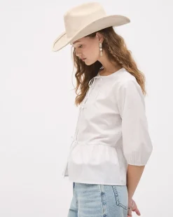Elbow-Sleeve Crew-Neck Blouse with Self-Ties