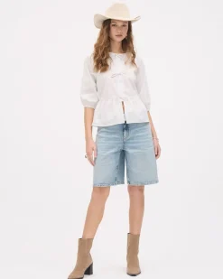 Elbow-Sleeve Crew-Neck Blouse with Self-Ties
