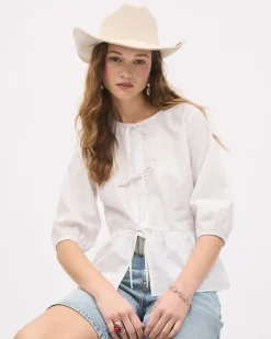 Elbow-Sleeve Crew-Neck Blouse with Self-Ties