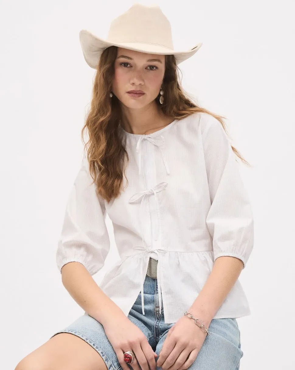 Elbow-Sleeve Crew-Neck Blouse with Self-Ties