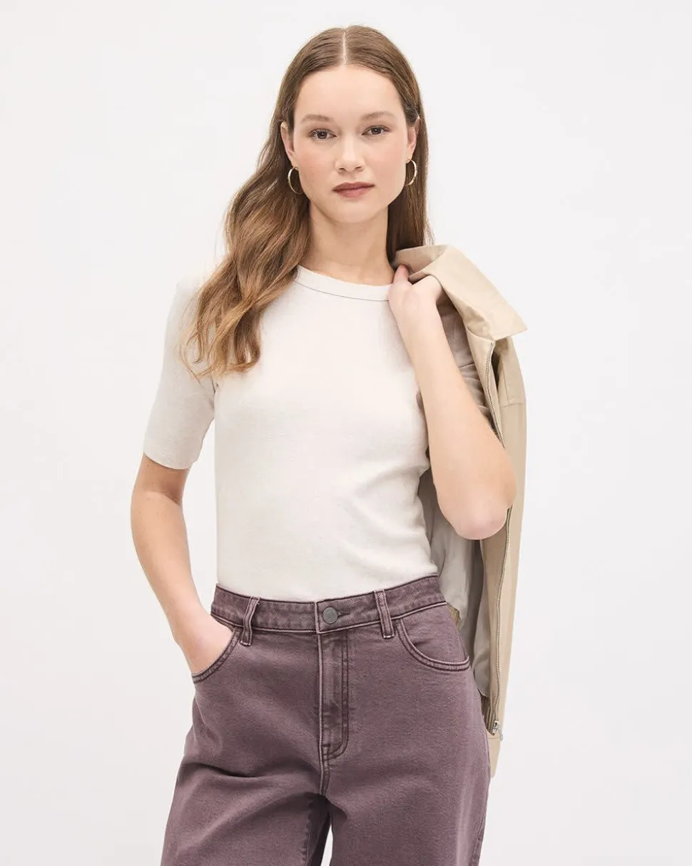 Elbow-Sleeve Crew-Neck Fitted Ribbed Tee