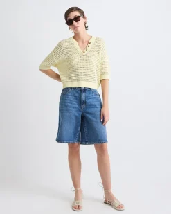 Elbow-Sleeve Crochet Henley Sweater