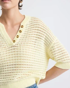 Elbow-Sleeve Crochet Henley Sweater