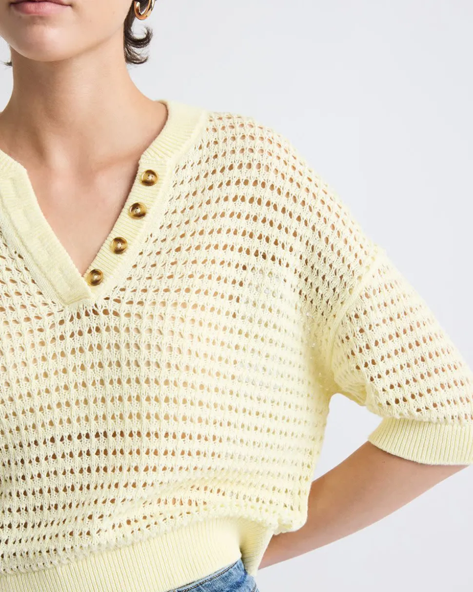 Elbow-Sleeve Crochet Henley Sweater