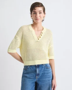 Elbow-Sleeve Crochet Henley Sweater