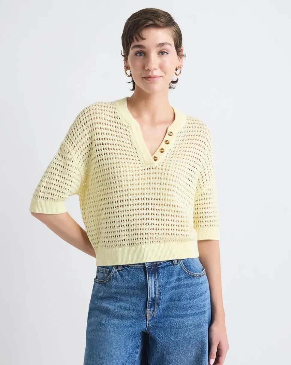 Elbow-Sleeve Crochet Henley Sweater