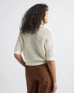 Elbow-Sleeve Crochet Henley Sweater