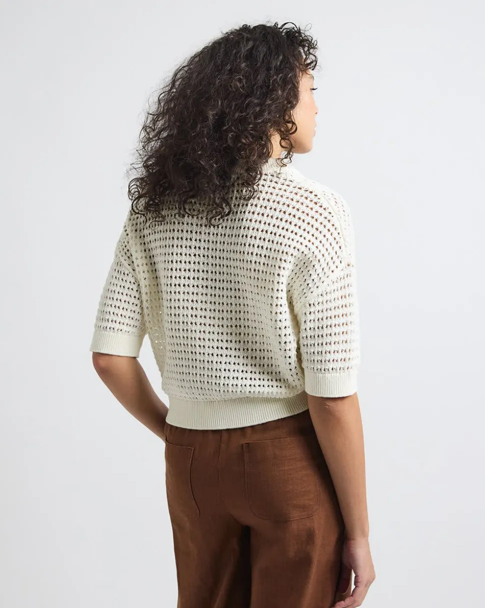 Elbow-Sleeve Crochet Henley Sweater
