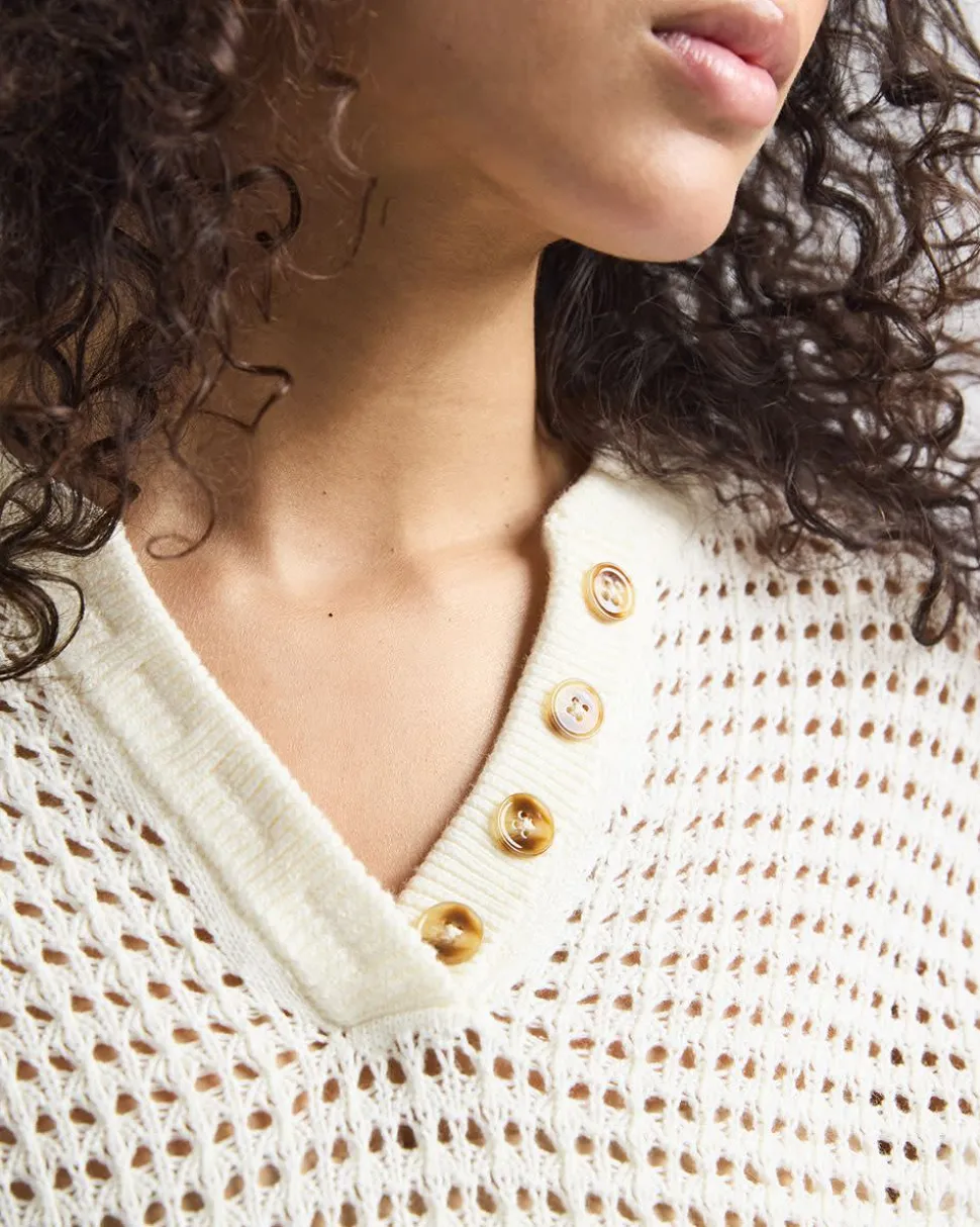 Elbow-Sleeve Crochet Henley Sweater